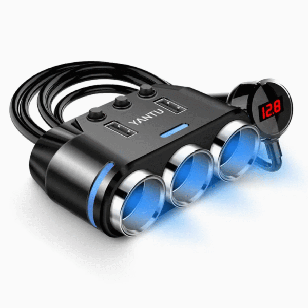 150W 3 Socket Car Plug Adapter with USB Ports and LED Voltage Display