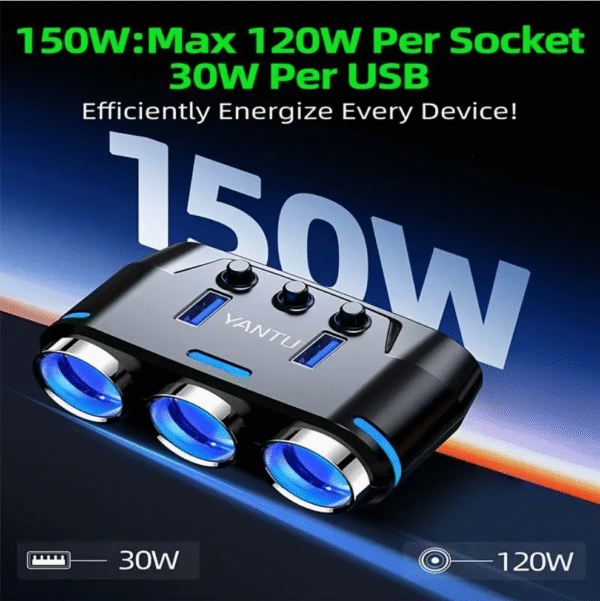 150W 3 Socket Car Plug Adapter with USB Ports and LED Voltage Display